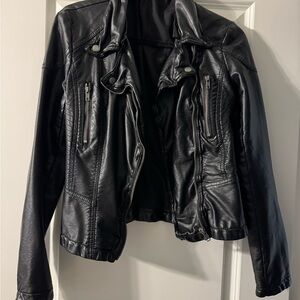 Free People Black Leather Jacket with removable hood